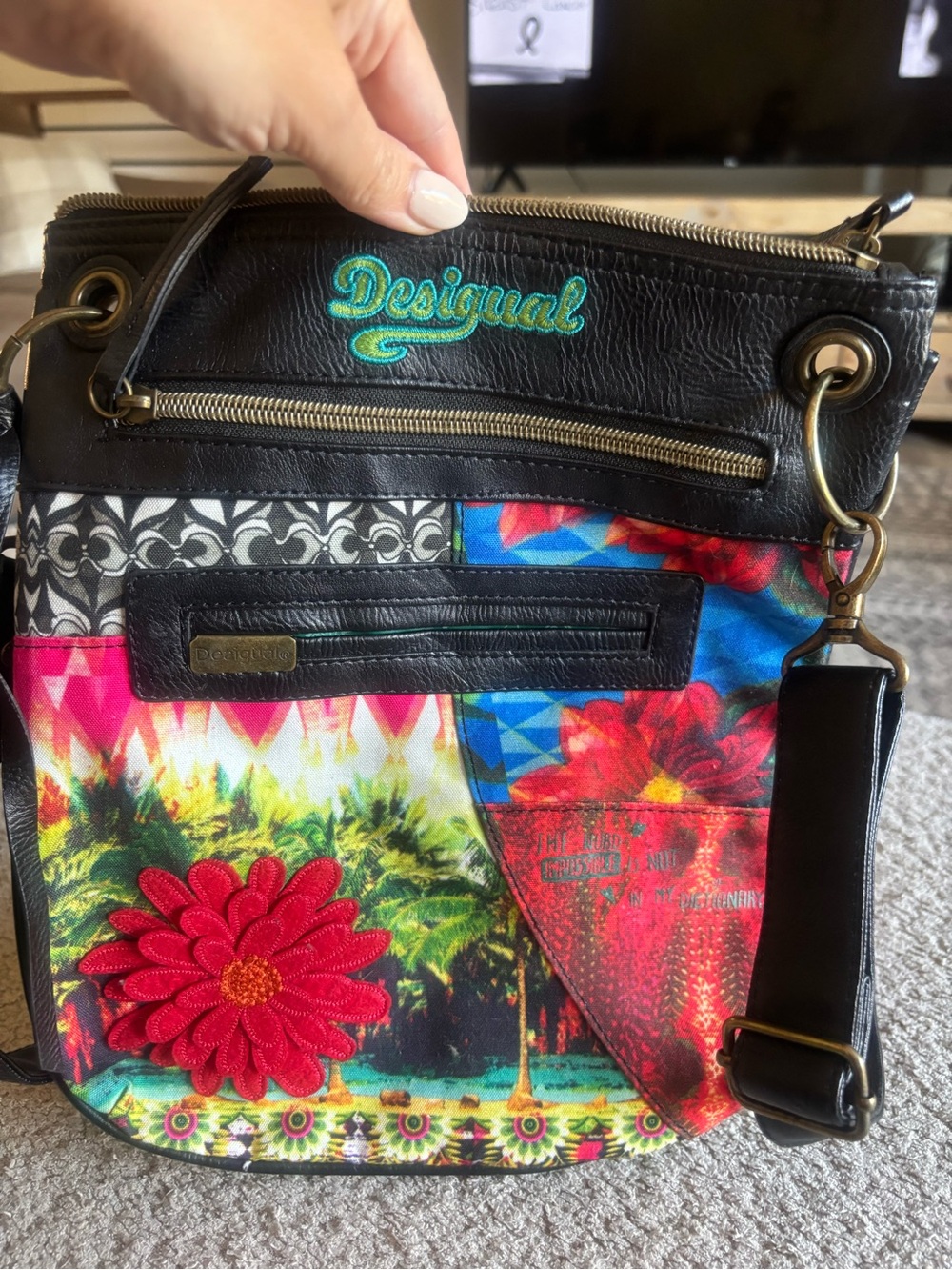 Desigual Black Trim Crossbody with Bright Floral Appliqué